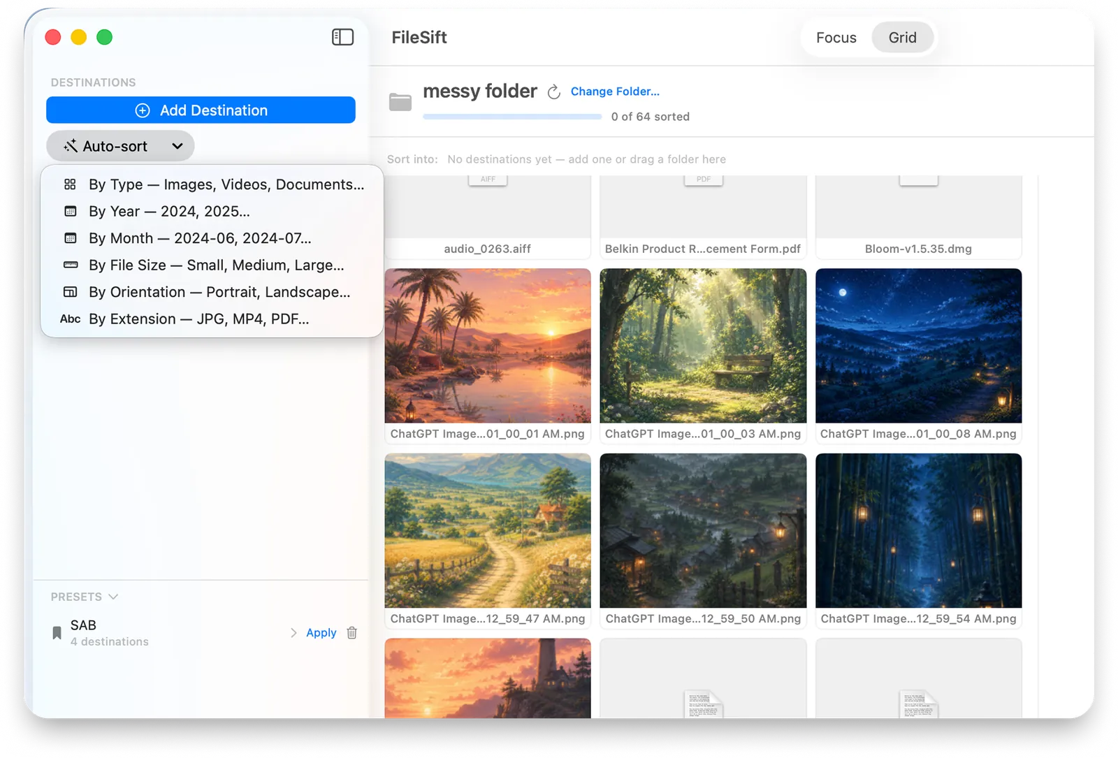 FileSift's Auto-sort menu open, offering to group a folder by type, year, month, file size, orientation, or extension