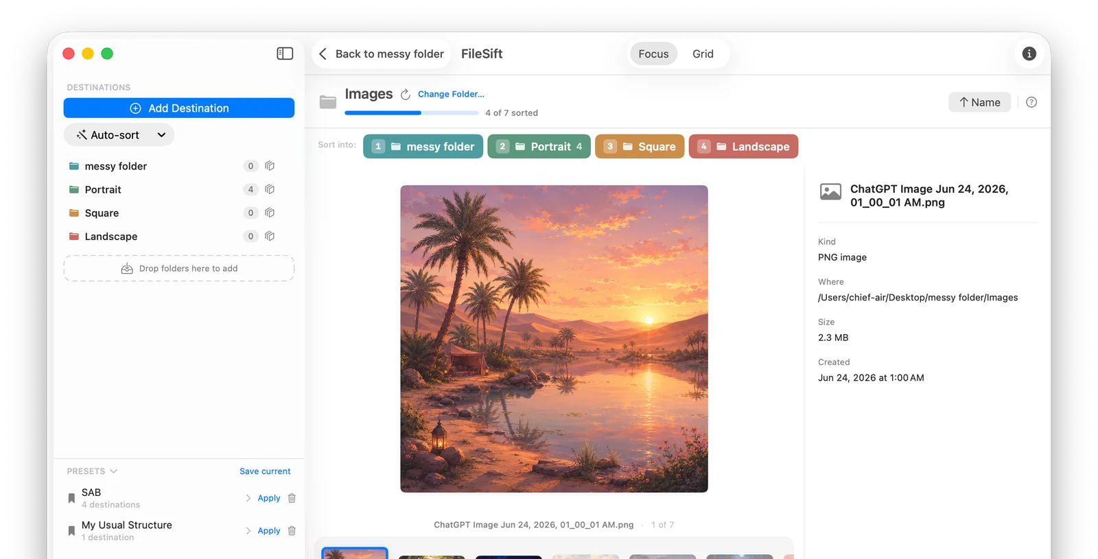 FileSift in Focus view — a single photo shown large with a filmstrip of the other files along the bottom